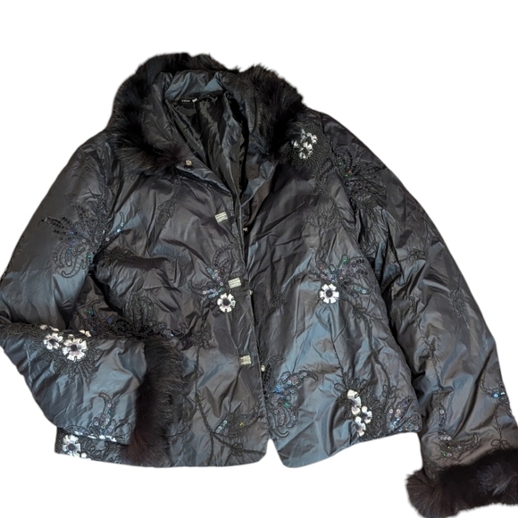 Embellished sequin embroidery faux fur trim black Warm Jacket Todd Smith  Sz M - Picture 9 of 13